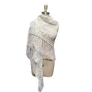 Hand Knit Piano Shawl Wrap White Boho Artsy Fairy Art to Wear OOAK
